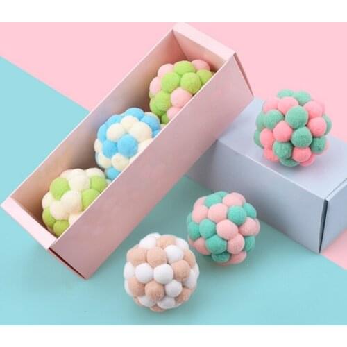 3PCS Candy Colorful Handmade Plush Bell Ball Cat Play Bouncy Ball Gift Box Set Chewing Interactive Training Pet Toy Supplies