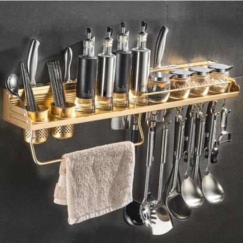 No punching golden kitchen shelf supplies seasoning rack condiment rack knife rack wall hanging storage household rack