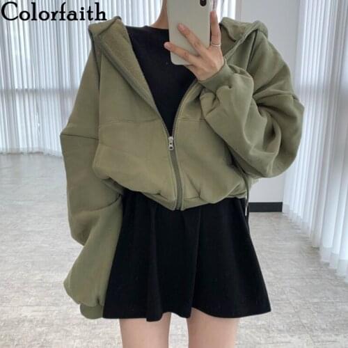 Colorfaith New 2021 Autumn Winter Women Sweatshirts Harajuku Hoodies Lady Oversized Itself Wild Thicken Jumper Short Tops SS3320