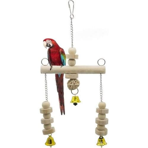 Parrot Perch Wooden Funny Natural Handmade Bird Swing Perch Bird Toy with Bell Parrot Stand Platform Bird Bite Toy Supplies