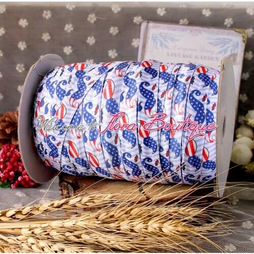 FLRA FOE July 4th moustache printed elastic printed solid Fold Over Elastic foe wholesale 5/8 foe