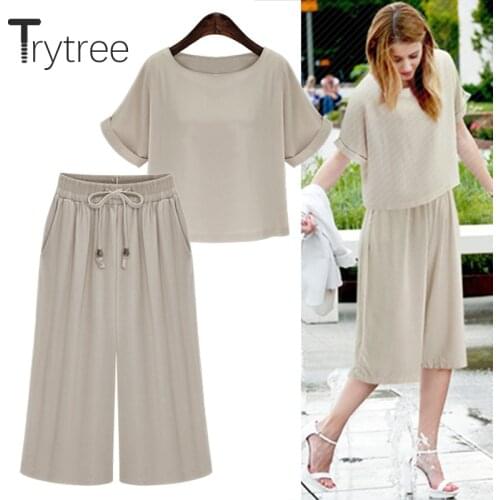Trytree Summer Autumn Women top two piece set Casual Solid tops + pants Top Female Office Suit Set Women Costumes 2 Piece Set