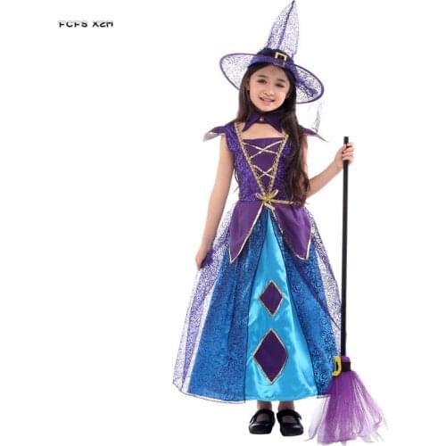 M-XL Purple Girls Halloween Witch Costume Kids Children Fairy Sorceress Cosplay Purim Carnival Stage play Masquerade party dress