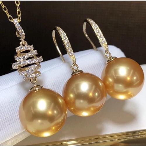 D323 Pearl Sets Fine Jewelry Solid 18K Gold Natural 8-13mm Ocean Sea Round Golden Pearls Jewelry Sets for Women