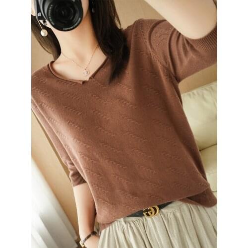 2021spring new round neck cotton pullover womens casual solid color tops plus size women slim knit sweater Short sleeve T-shirt