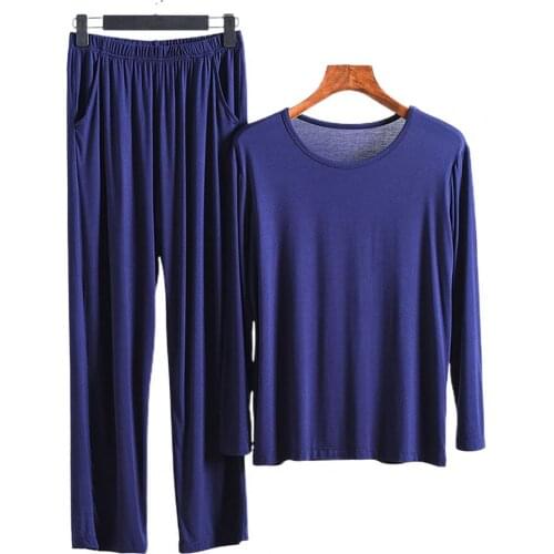 Sleepwear pajama sets Summer Fall O-Neck Long Sleeve T-shirt Soft Modal Men Top Pants Loose Pajama Set for Home Sleepwear 2021