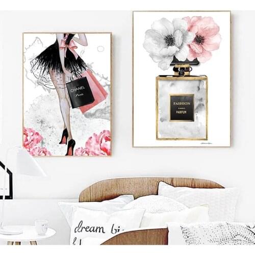 Fashion Girl Paris Perfume Flower High Heels Nordic Posters and Prints Wall Art Canvas Painting Decoration Pictures Living Room
