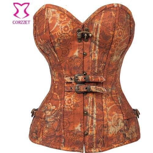 Steampunk Vintage Brown Denim material Print Button Overbust Corset With Lace Up Sexy Waist Cincher Shaper Body Training Corsets