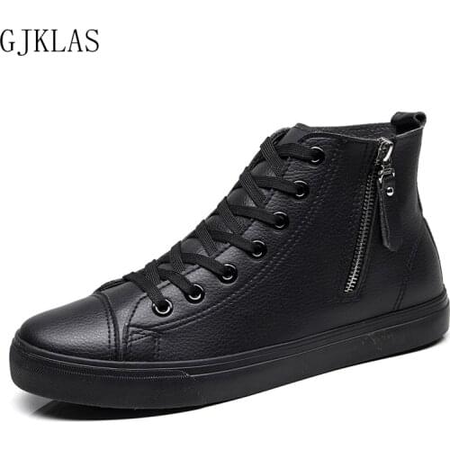 High Top Sneakers Leather Casual Shoes Mens Side Zip Fashion Leather Shoes for Men Sneakers Black White Sport Shoes Men Boots