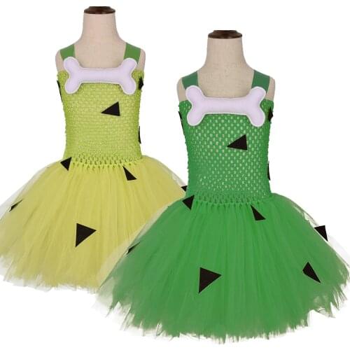 Green Pebbles tutu Dress for Girls Birthday Party Dresses Kids Halloween costume Toddler Photo Props Flintstone Costume 1-12Y