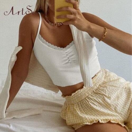 ArtSu Streetwear Lace Patchwork Summer Solid White Tank Top Women Fashion Ribbed Knit Sexy Camisole Casual White Crop Tops Club