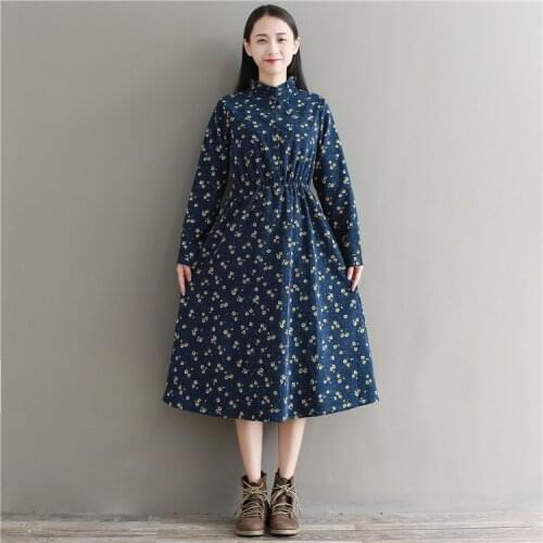 2018 autumn soft women corduroy dress new style long sleeve navy blue floral print dress