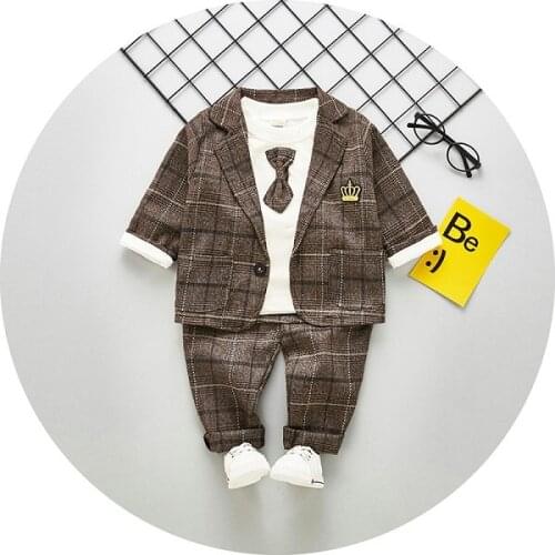 Children Clothing 3Pcs Kids Baby Boys Clothing Long Sleeve Plaid Coats Cotton T-Shirts + Long Pants Outfits Party Clothing Sets