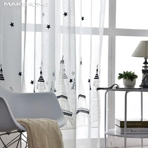 White Voile Window Curtains for Living Room Kids Bedroom Pastoral Stars House Embroidered Veil Sheer Voile Tulle Curtains