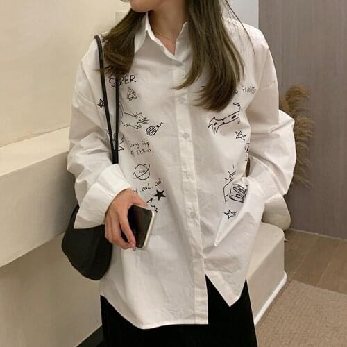 White shirt women new style spring 2021 retro Hong Kong style mid-length printed pattern shirt trend