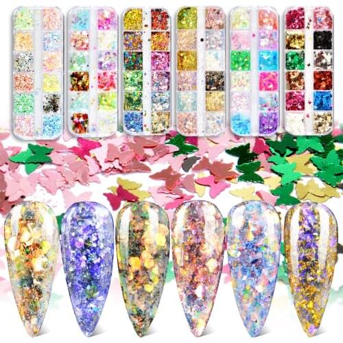 12 Grids/Sets Nail Glitter Sequin Mixed Mirror/Mermaid/Sugar Round DIY Flake Paillette Nail Art Decorations