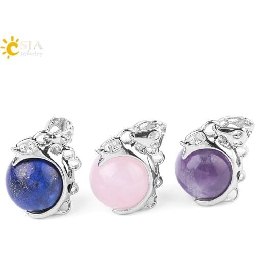 CSJA Hot Fashion Pendants Natural Stone Pink Quartz Purple Crystal Lapis Round Ball Bead Pendant for Necklace Fit Women Men F581