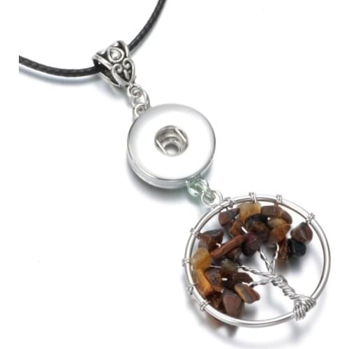 DZ1724d Fashion Natural stone beads Leather Necklaces Mini Crystal Tree of Life Pendant Necklace For Snap Button Jewelry