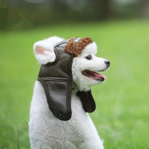 European American retro fashion warm pet dog pu leather pilot hat for dog