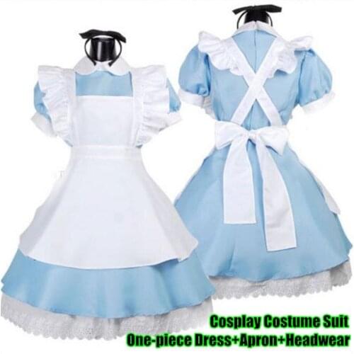 Alices Adventures in Wonderland Cosplay Costume Suit(One-piece Dress+Apron+Headwear),Lolita Maid Loaded Uniform Clothing Plays