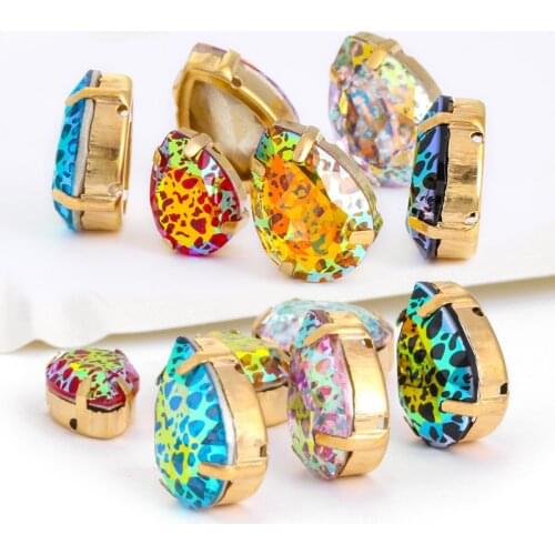 10Pcs Drop Shape Laser Sew On Rhinestones Crystal for Crafts Glass Rhinestones Flatback Rust Print With Silver Gold Copper Claws