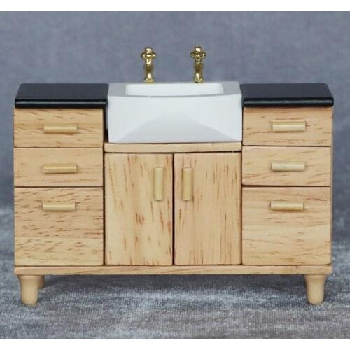 Dollhouse Mini Furniture Miniature Modern Oak Wash Basin Sink Unit Cabinet for Bathroom Decor Accessories, Mini, 10.2*4.2*8.1CM