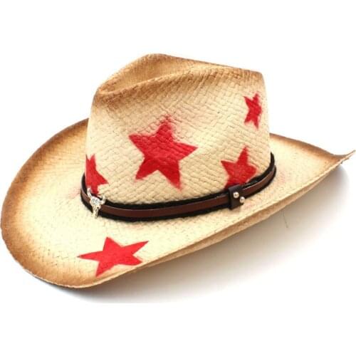 Fashion Women Men Straw Western Cowboy Hat With Bull Head Band Lady Dad Handmade Weave Sombrero Hombre Cowgirl Caps Size 58CM