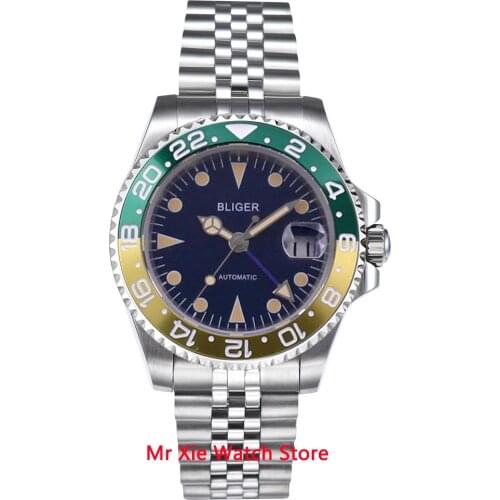 Bliger 40mm Automatic Mechanical Mens Watch Luxury Sapphire Glass Vintage GMT Clock Luminous Waterproof Calendar Wristwatch Men