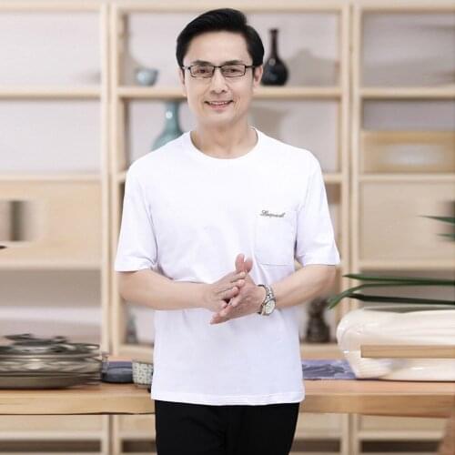 Mens middle-aged solid color loose top summer short-sleeved round neck daddy solid color pocket loose top футболка мужская 40