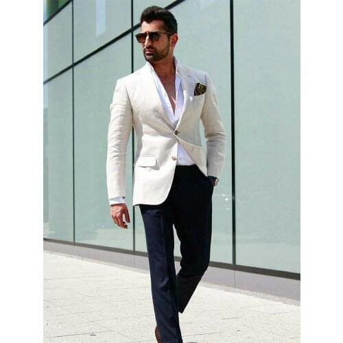 ANNIEBRITNEY White 2 Piece Slim Fit Men Suit With Black Pants Tailor Made Skinny Groom Wedding Tuxedo Prom Wedding Men Suit Set