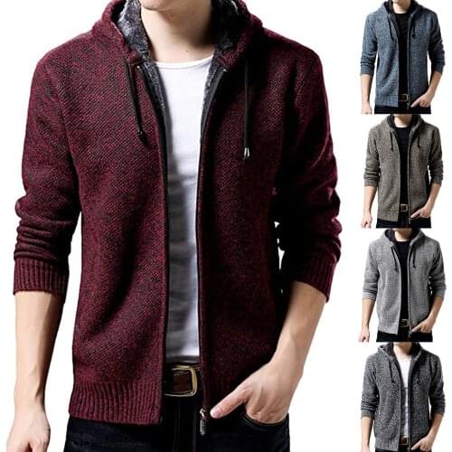 Autumn Winter Mens Jackets Solid Color Zip-Up Long-Sleeved Hooded Sweater Coat Warm Plus Velvet Thicken Overwear Outdoor