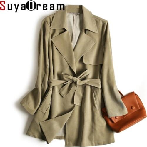 SuyaDream Women Sashes Trenchs 50%Silk 50%Cotton Down Collar Single Khaki Trench coat 2020 Office Chic Autumn Winter Coat