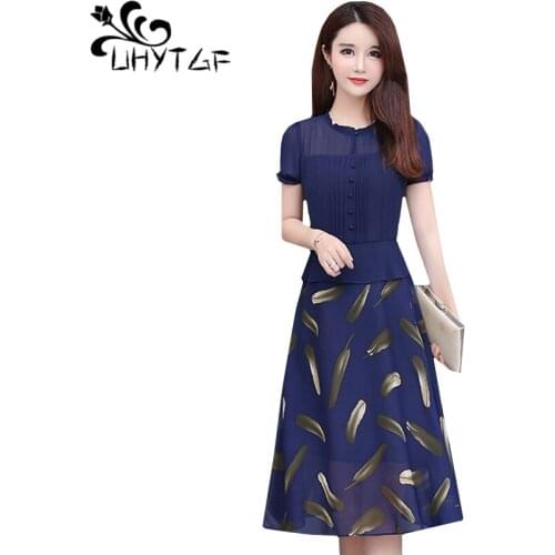 UHYTGF dresses women fashion single-breasted pullover chiffon dress short sleeves slim summer dress Korean plus size dresses 937