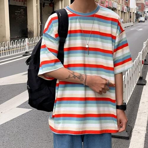 Harajuku 2021 hot striped short sleeves t shirt men All-match Fashion Summer streetwear Hit color Hip Hop casual funny new top
