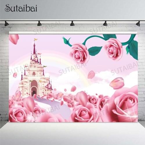 Pink Castle Rainbow Rose Flower Girl Princess Photography Backdrops Baby Portrait Birthday Party Photo Background Photo Studio