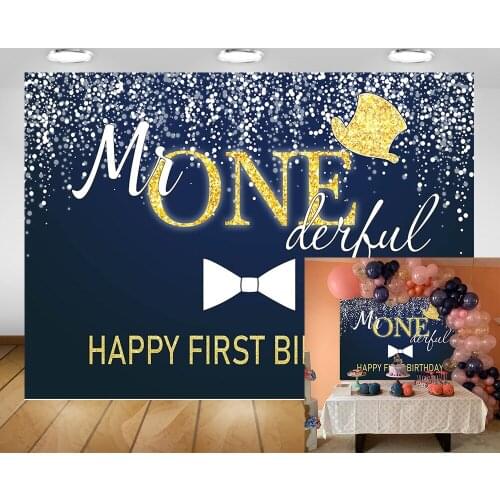 Blue Mr Onederful One Birthday Backdrops Pink Miss Newborn Happy 1st Birthday Party Background Gold Crown Shiny Dots Photo Shoot