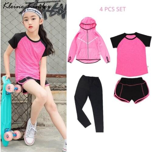Gym 4 Pieces Set Workout Clothes for Children Leggings Hoody Jacket Sports Wear for Girls Athletic Running Set Clothing Yoga Set