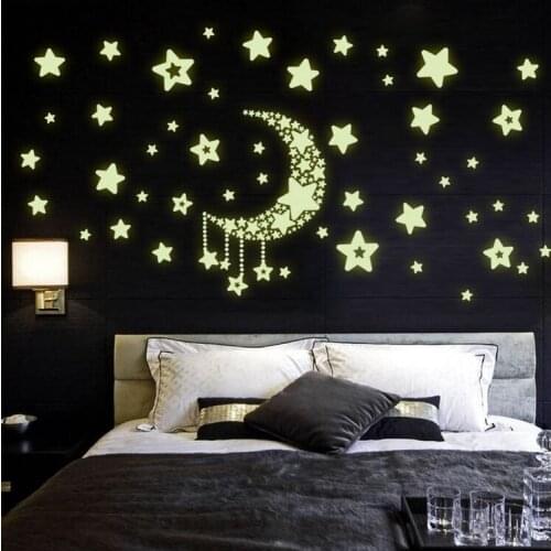 Moon Star Fluorescence Noctilucent Night Glow in Dark Luminous Vinyl Removable Nursery Kids Child Bedroom Wall Stickers Decal