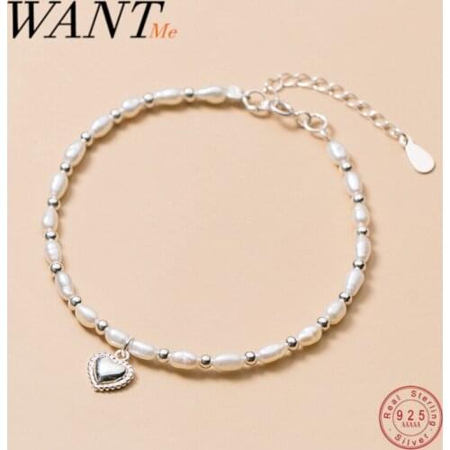 WANTME Baroque Pearl Love Heart Pendant Charms Bracelet for Fashion Women Real 925 Sterling Silver Wedding Birthday Jewelry Gift
