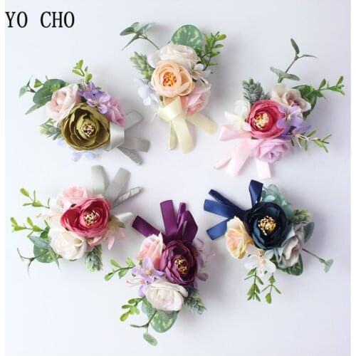 YO CHO Silk Rose Flower Groom Boutonniere Bride Wrist Corsage Men Suit Brooch Women Wedding Hand Flowers Prom Party Decorations