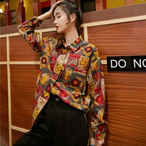 Elegant Shirt Women Autumn RetroTrun-down Collar Shirt Long Sleeve Loose Casual Printed Shirt Street Wear Tops Women Clothing