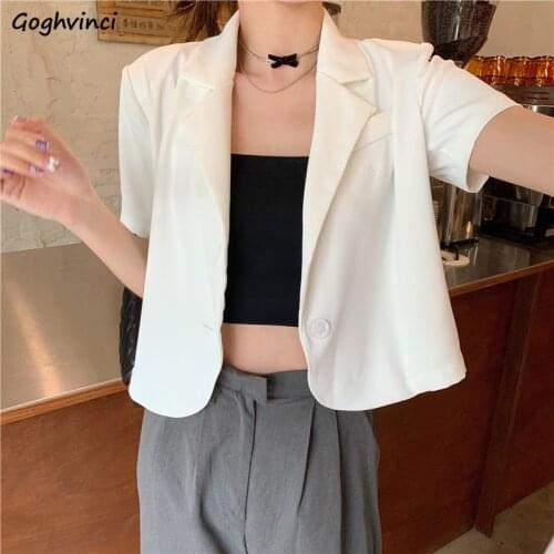 Women Solid Blazers Short Sleeve Summer Fashion Crop Tops Single Button Korean Stylish Design Loose Notched Female Ulzzang Chic