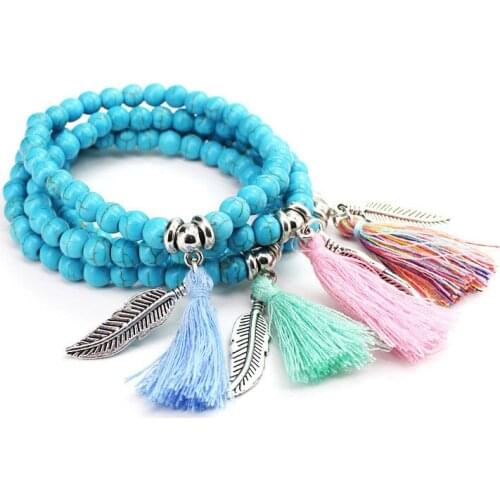 Natural Stone Lotus Buddha Charm Mala Bracelet with Tassel Turkoois Beads Bracelets Bangles Women Yoga Prayer Bracelet