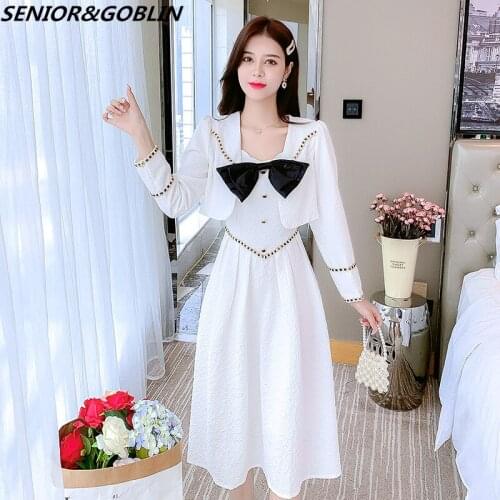 2021 Autumn Small Fragrant 2 Pieces Clothing Set Women Black Bow White Vest Dress + Sexy Cardigan Short Jacket Coat Vintage Suit
