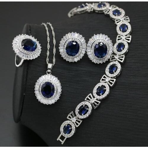 XUTAAYI Luxury Jewelry Earrings Silver Wedding Jewelry Sets For Women Blue Sapphire Bracelet Rings Bridal Pendant Necklace Set
