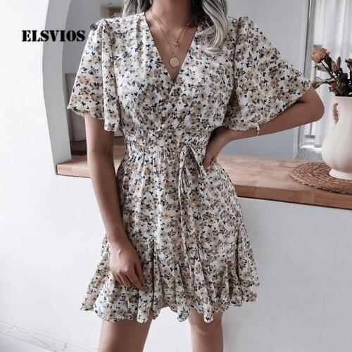 Sweet Fashion Women V Neck Floral Printed Ruffled Pleated Summer Dress Casual Short Sleeves Lac-up Chiffon Elegant Slim Dresses