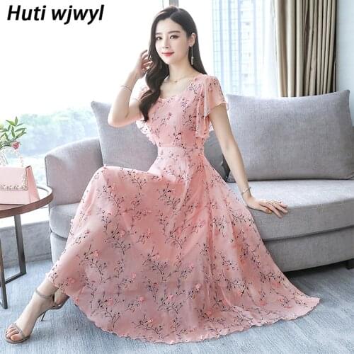 2021 Floral Chiffon Midi Dress Summer Print Vintage Elegant Women Bodycon Pink Party VestidosPlus Size Beach Boho Maxi Sundress