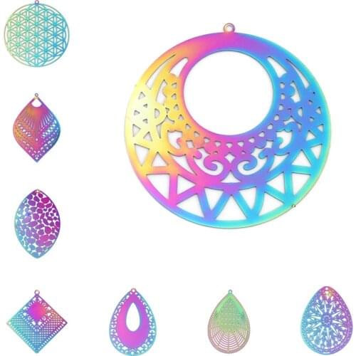 10 PCs Stainless Steel Filigree Stamping Pendants For Jewelry Making Round Purple & Blue Filigree Necklace DIY 37mm x 35mm