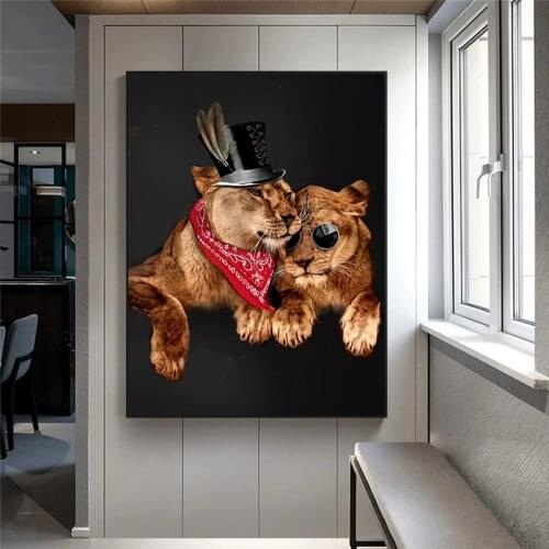 Abstract Hat Glasses Lion Canvas Print Paintings Wall Art Animal Posters Home Decoration Pictures for Living Room Decor Cuadros