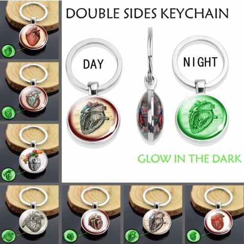 Anatomical Heart Luminous Key Chain Glass Dome Glow In The Dark Keyring Heartbeat Sign Pendant Jewelry Biologist Doctors Gift